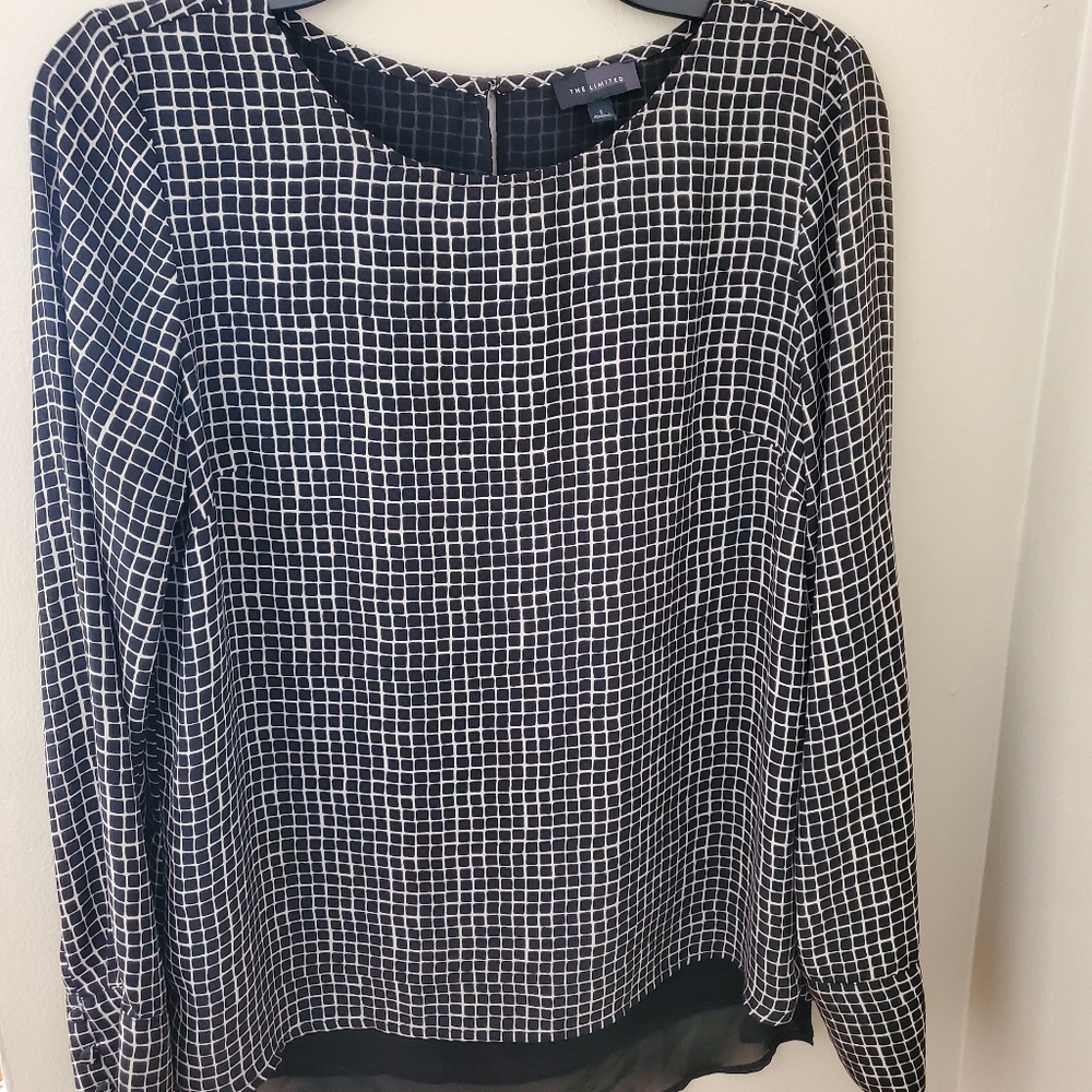 The Limited | Black and White Patterned Blouse, Long Sleeve Shirt